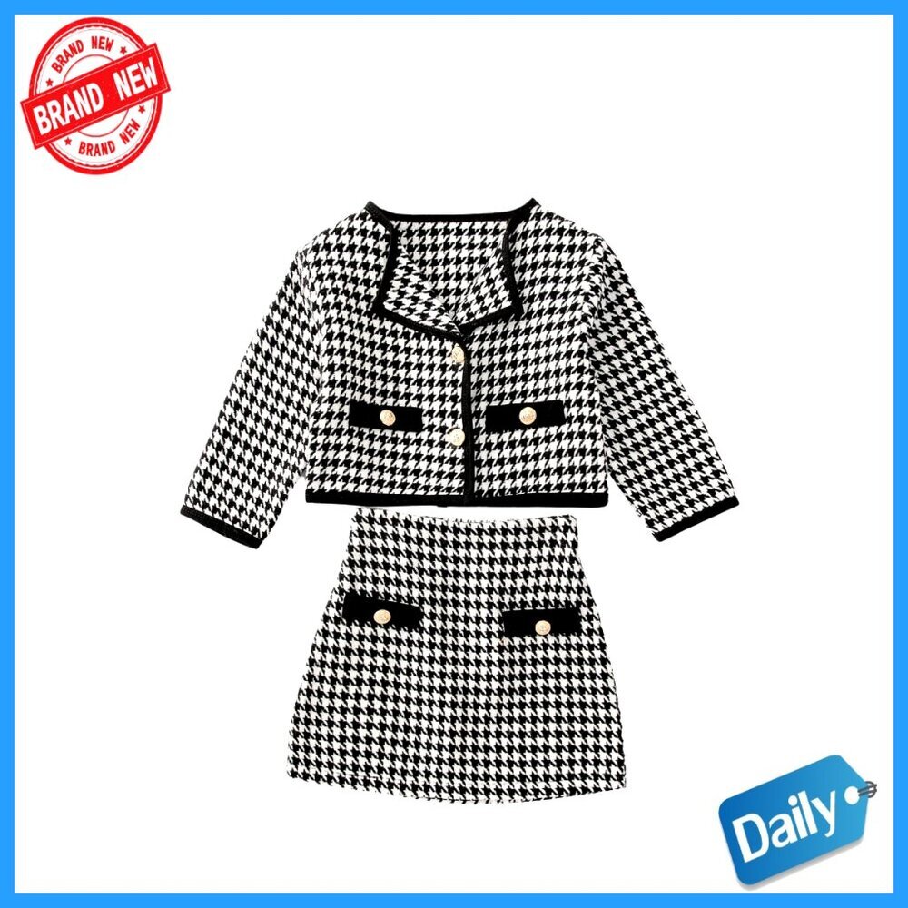 Girls Houndstooth Tweed Jacket Skirt Set Tea Party Outfit 2 Piece - Picture 1 of 5